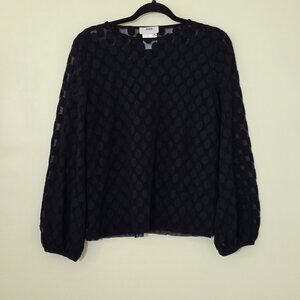 Fuzzi Top Womens M Black Sheer Lined Bishop LS Polka Dot Round Neck Whimsigoth